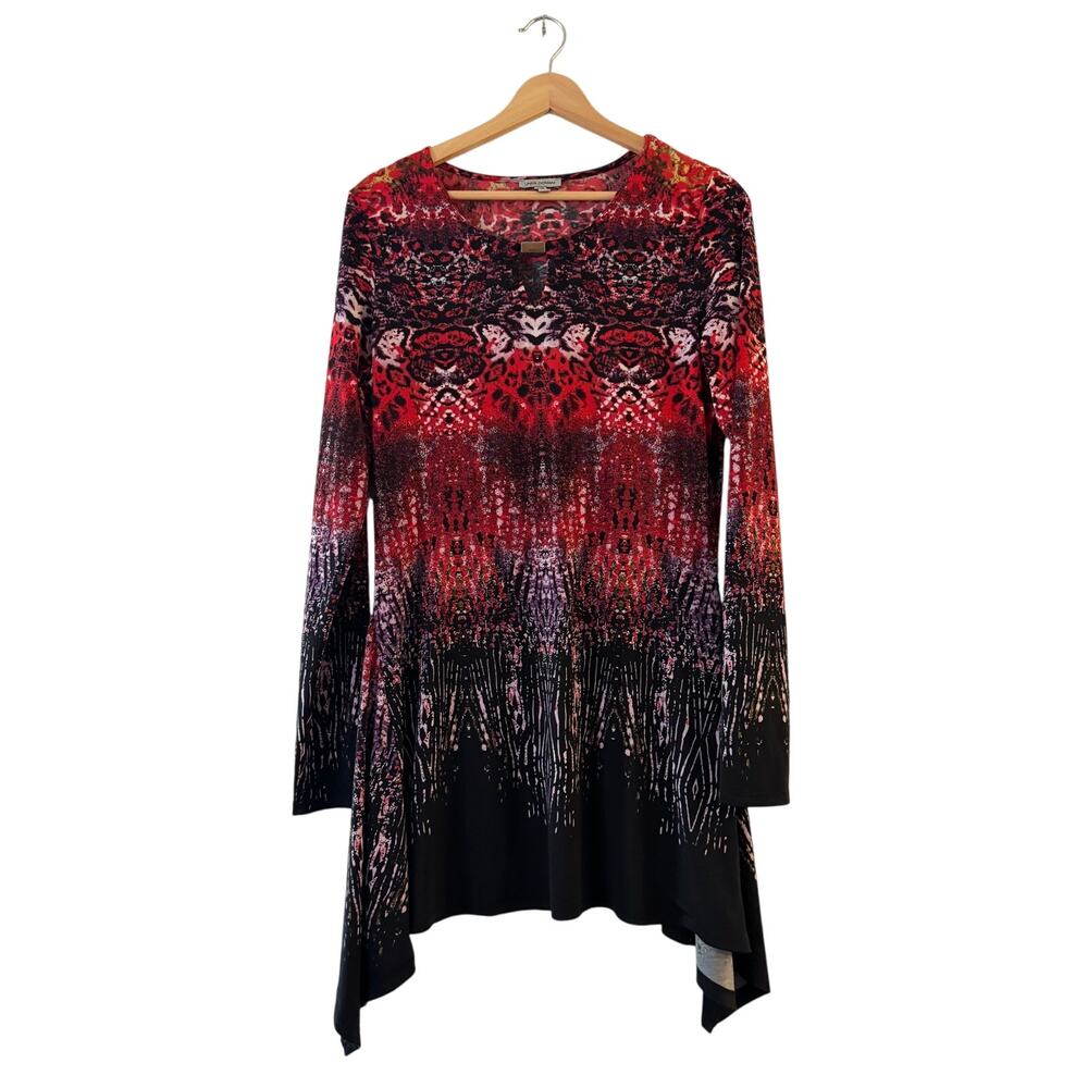 Linea Domani Tunic Blouse Size‎ M Red Black Purple Keyhole Neck Long Sleeve